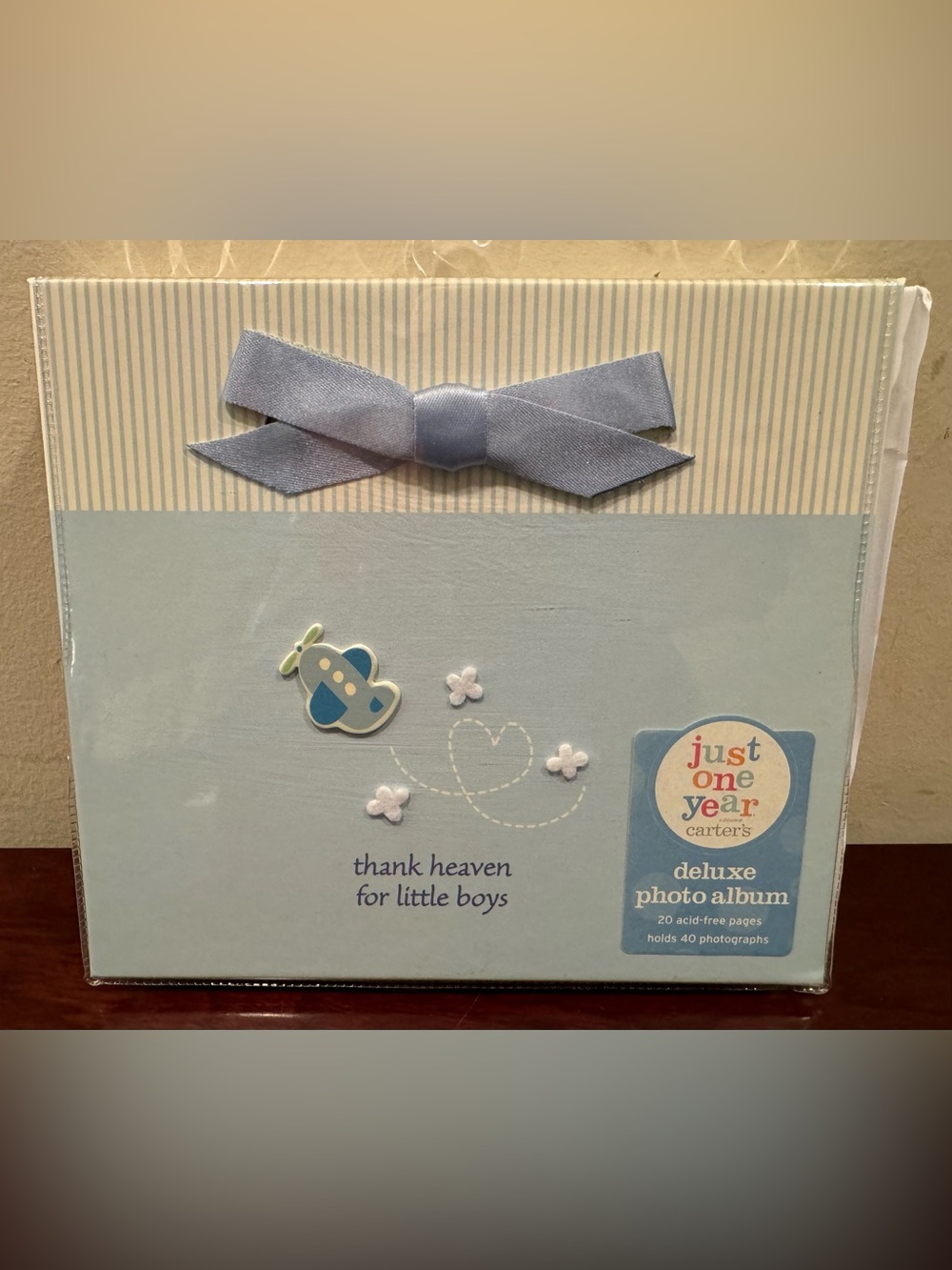 Carter's Blue Baby Boy Deluxe Photo Album with Bow & Airplane Accent NWT